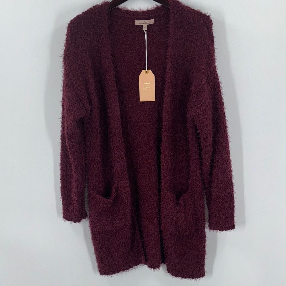 Dark Red Fuzzy Duster Sweater Love Tree Women’s Size Large New with Tags